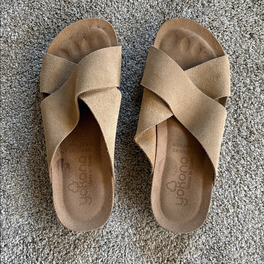 Beige Suede Criss-Cross Slides 8 made in Spain
